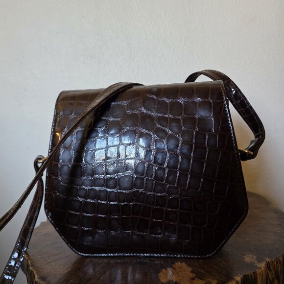 Vintage Made in Italy Croc Embossed Brown Leather Crossbody Bag Brass Hardware - Picture 16 of 16